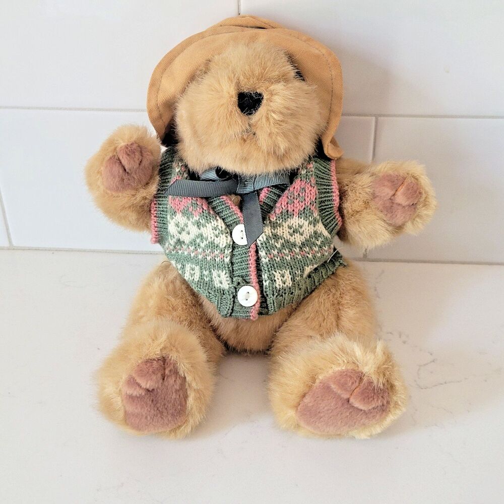 Honeysuckle Hollow 11" Fuzzy Plush Teddy Bear with Sweater & Hat jointed Vintage